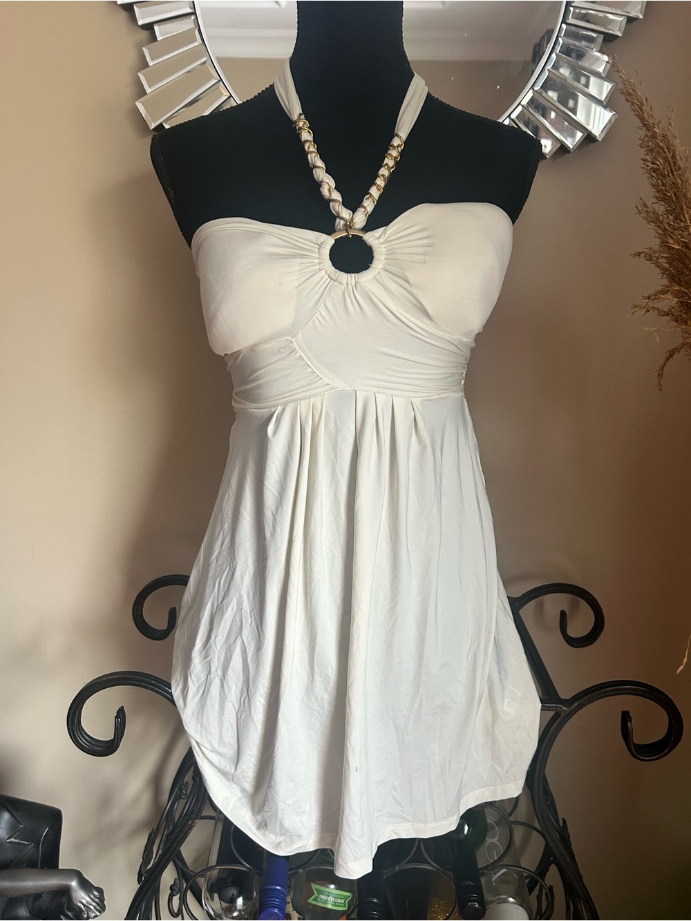 Vintage Foxy Jeans Strapless Cream Halter Ring Detail Top
